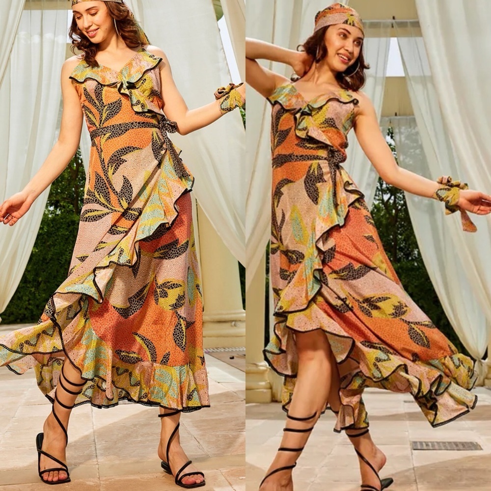 Anthropologie BHANUNI by Jyoti Kathryn Ruffled Wrap Maxi Dress Mosaic Size 16